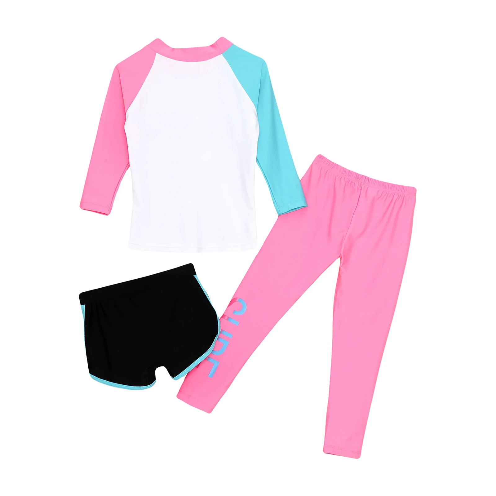 Kids Girls 3-Piece Swimsuit Long Sleeve Rashguard Set UV UPF 50+ Sun Protective Beach Swimwear Water Sport Bathing Suit