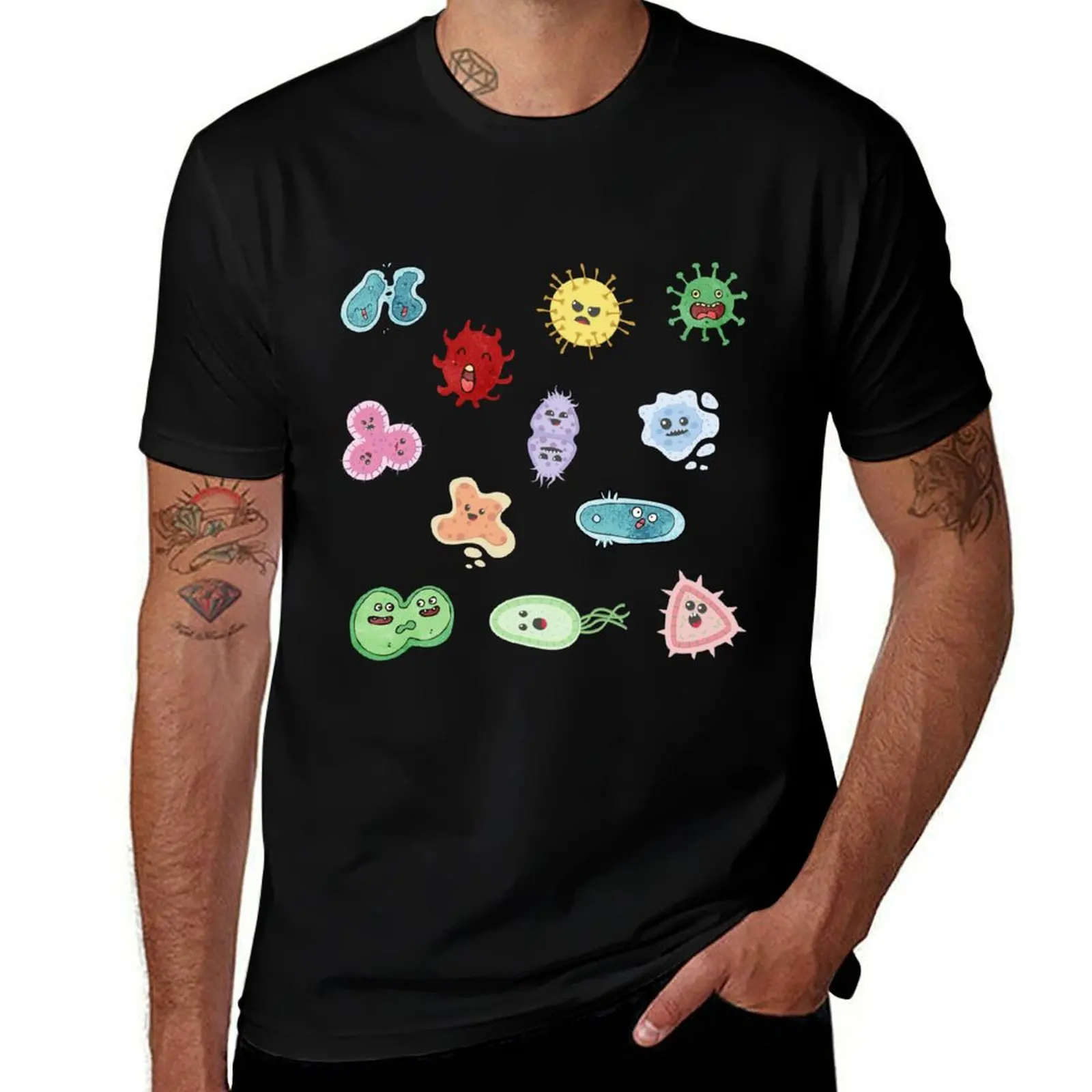 

Cute Microbes Bacteria, Virus, Ecoli MicroBiology Seamless Pattern Sticker Pack. T-Shirt Short sleeve tee mens designer t shirt