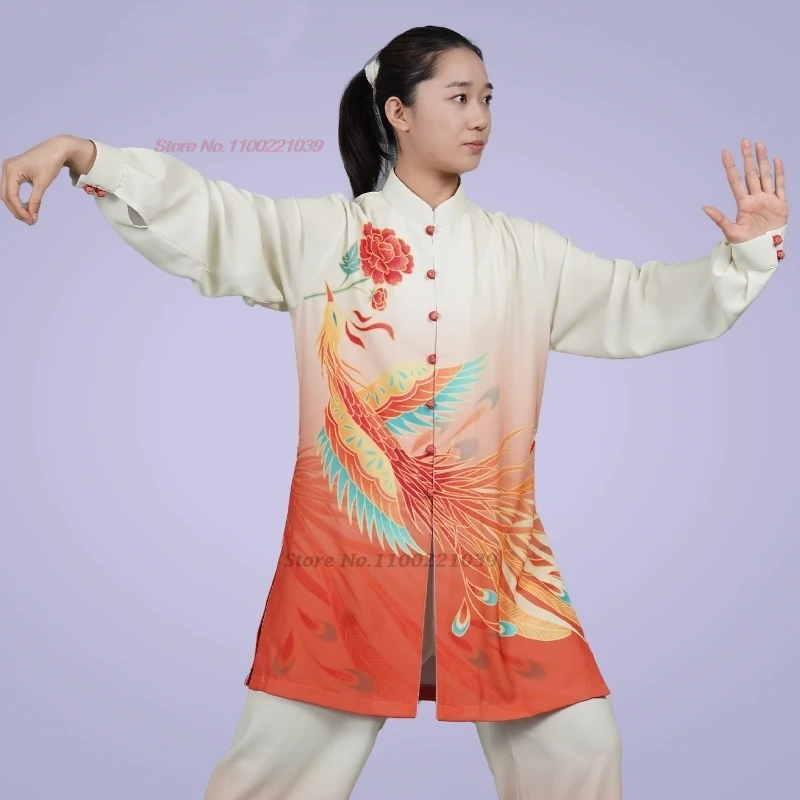 2026 chinese tai chi wushu taiji uniform morning exercise phoenix print tops+pants set training exercise stage performance suit view 2
