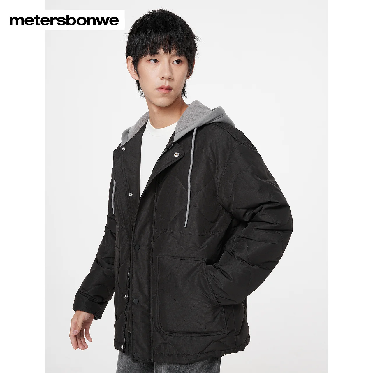 Metersbonwe-Men's  Comfy Hooded Short Down Jacket Adjustable Jacket Hem Solid Color Winter Down Parker Coats Youth Teenager Wear