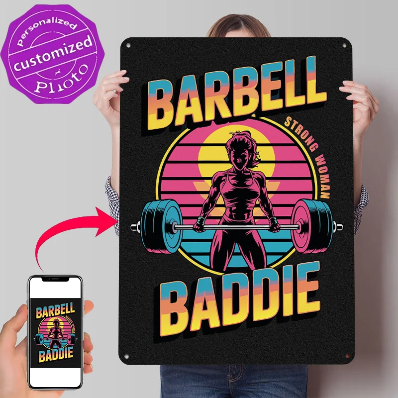 Barbell Baddie Retro 80s Neon Fitness Personalized 3D Textured Metal Poster Wall Art Vintage Tin Signs for Room Decoration Items