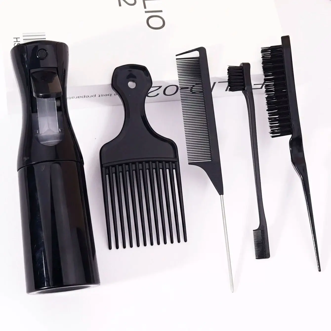 مجموعة تصفيف الشعر مكونة من 5 قطع، وزجاجة رذاذ، ومشط أفريقي، ومشط ذيل الفئران، وفرشاة من النايلون وفرشاة حافة خاصة للشعر المستعار الحقيقي