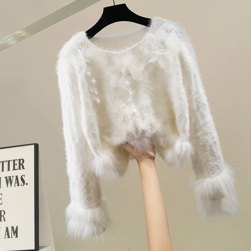 

Korean Sle Heavy Work Feather Tassel round Ne Knit Sweater Women's Sweet Decoration High Quali White Faionable Sweater