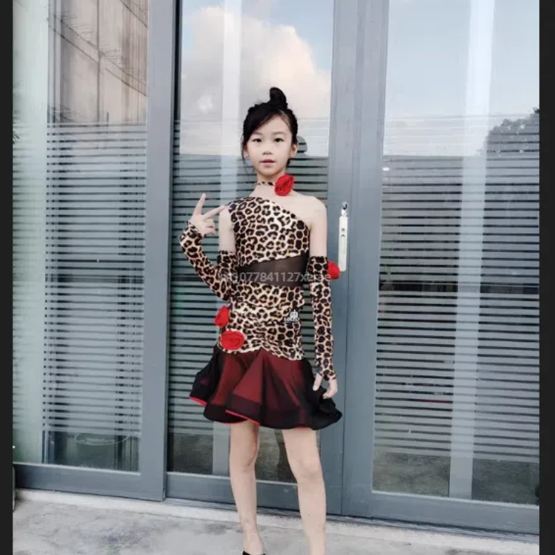 Новое платье для латинских танцев, комплект с леопардовым узором для девочек, детская юбка для соревнований по латинским танцам, детское платье для выступлений