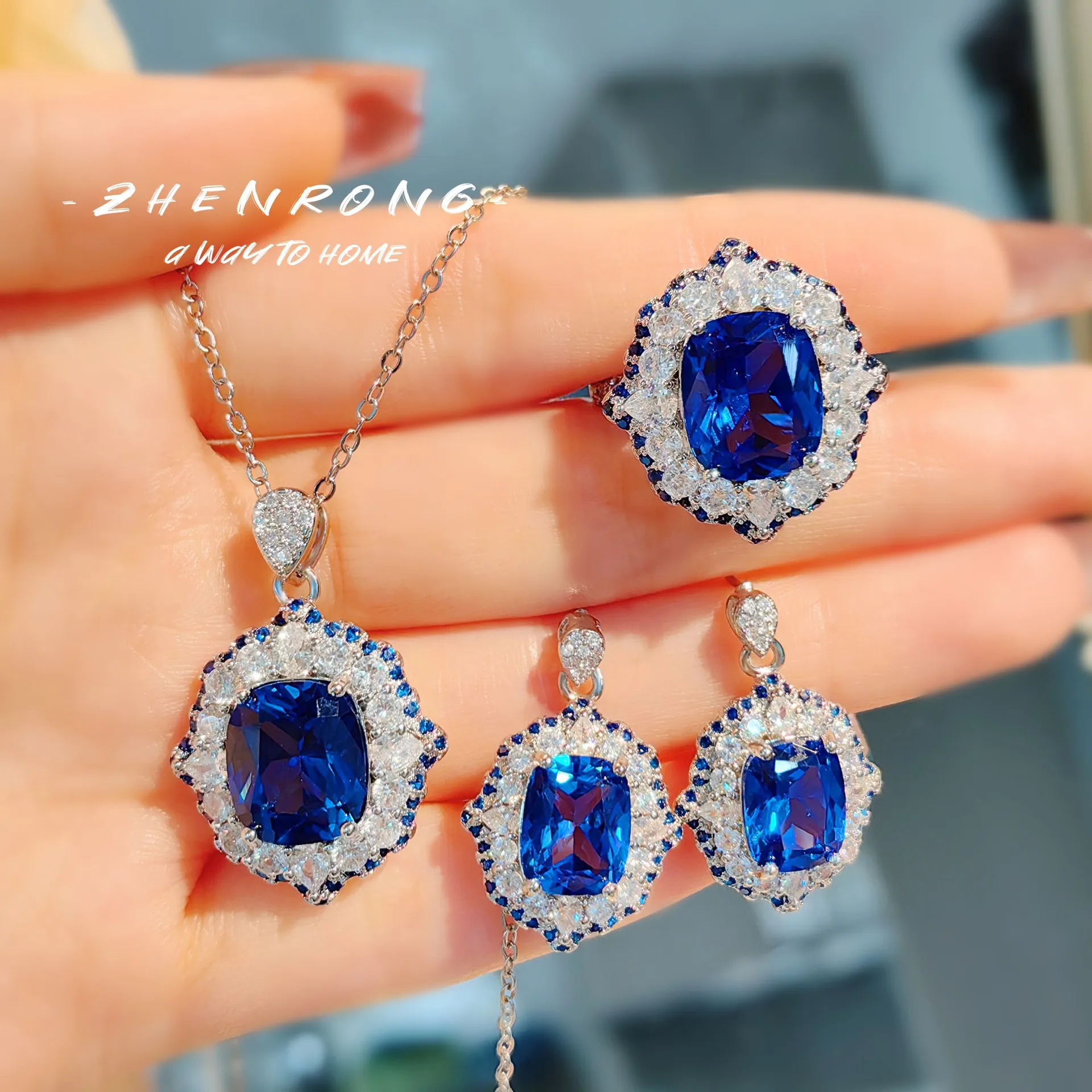 

High Quality Blue CZ Sapphire Pendant Necklaces Earrings Rings For Women Silver Color Fashion Jewelry Sets Nice Gift for Friend