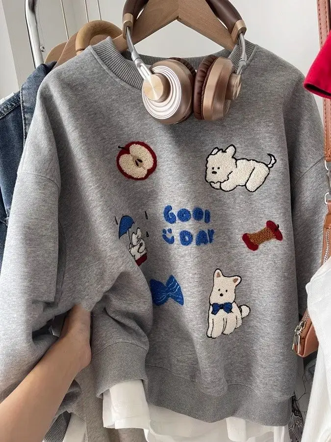 Gray Pullovers Puppy Embroidery Jacquard Weave Knitted Sweater Korean Winter Women Design Loose Kawaii Knitwear Jumpers Teens