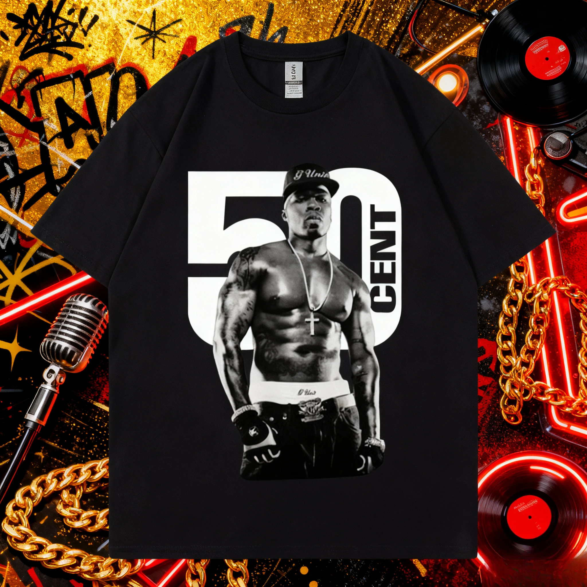 تي شيرت برسومات مغني الراب 50 سنت، تي شيرت هيب هوب عتيق وعصري بأكمام قصيرة صيفي مطبوع 100% من القطن الخالص