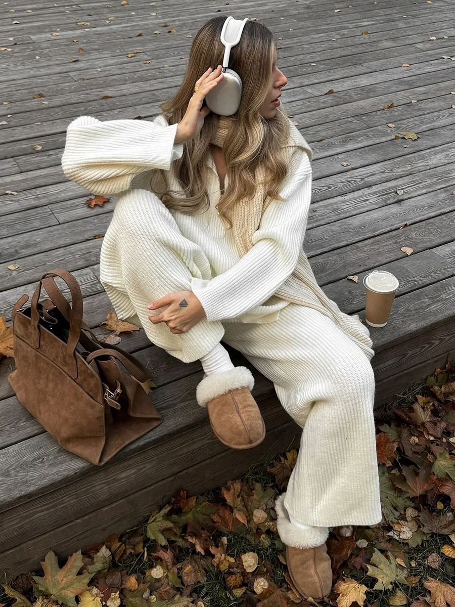 Bornladies Damen-Set mit Kragen, halbem Reißverschluss, Strickpullover und weiter Hose, gerippter Strick, Oversize, Herbst-Winter-Mode-Pullover-Set – Detail 23