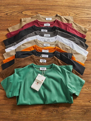 Imagen 1 del producto Camiseta de manga raglán para hombre, camisa de Color sólido con cuello redondo, estilo Retro americano pesado, moda Simple, 80% Algodón, Tops deportivos informales lavados, novedad de verano