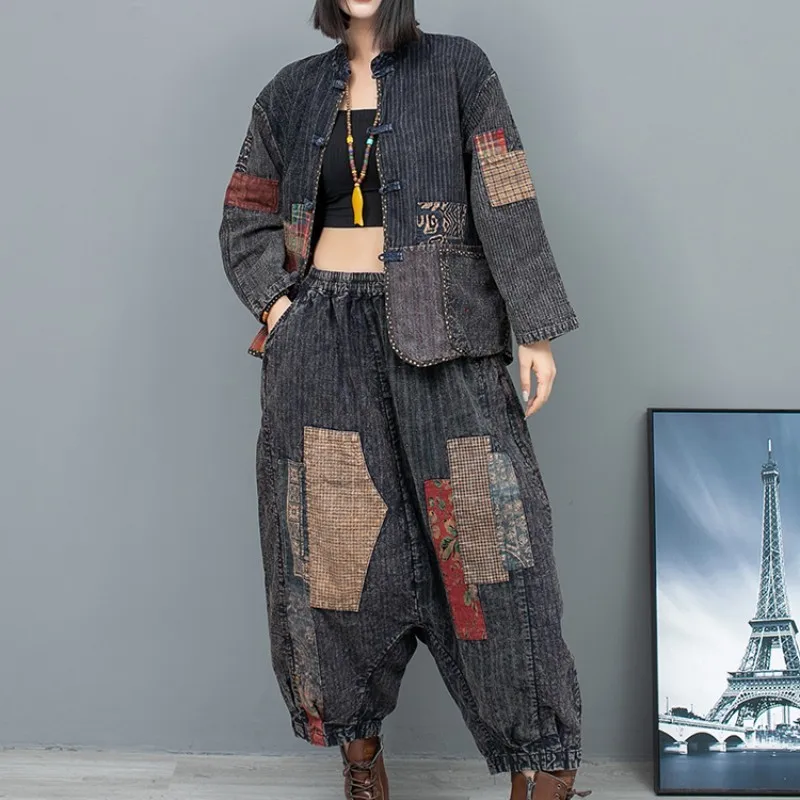 

2024 Spring Autumn New Two-piece Set Women Distressed Patchwork Button Up Cardigan Long Sleeved Jacket + Large Pant LX716