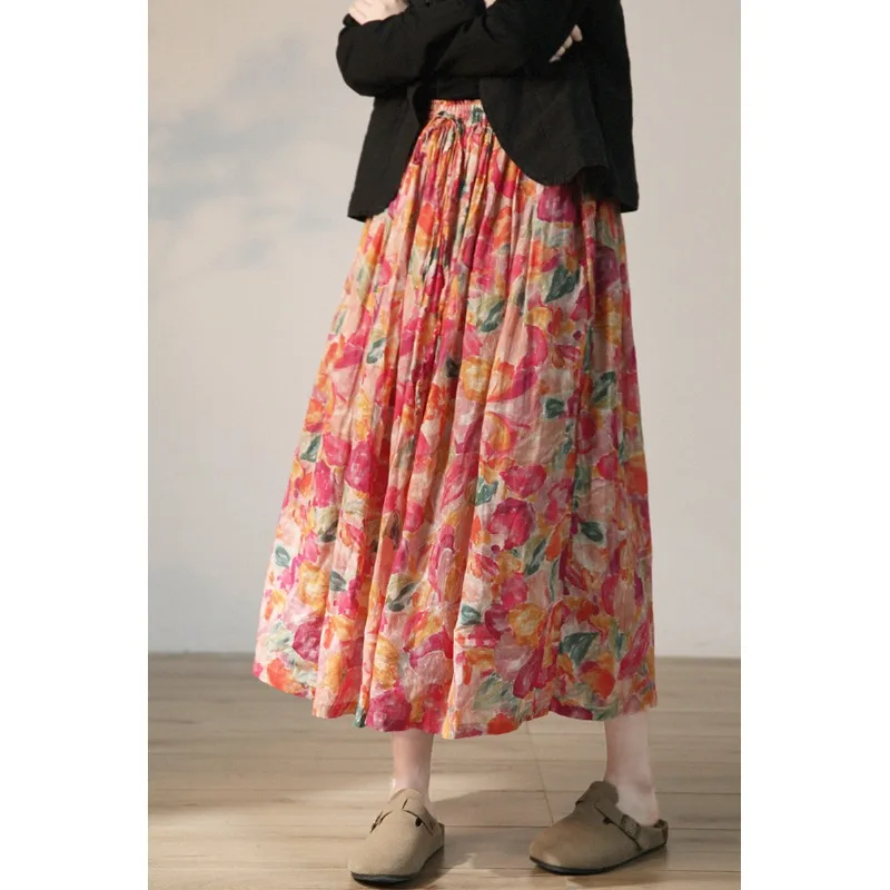 

Художественная винтажная льняная юбка средней длины с принтом, летняя юбка со свободной талией и широким подолом, женская юбка премиум-класса Faion f Body