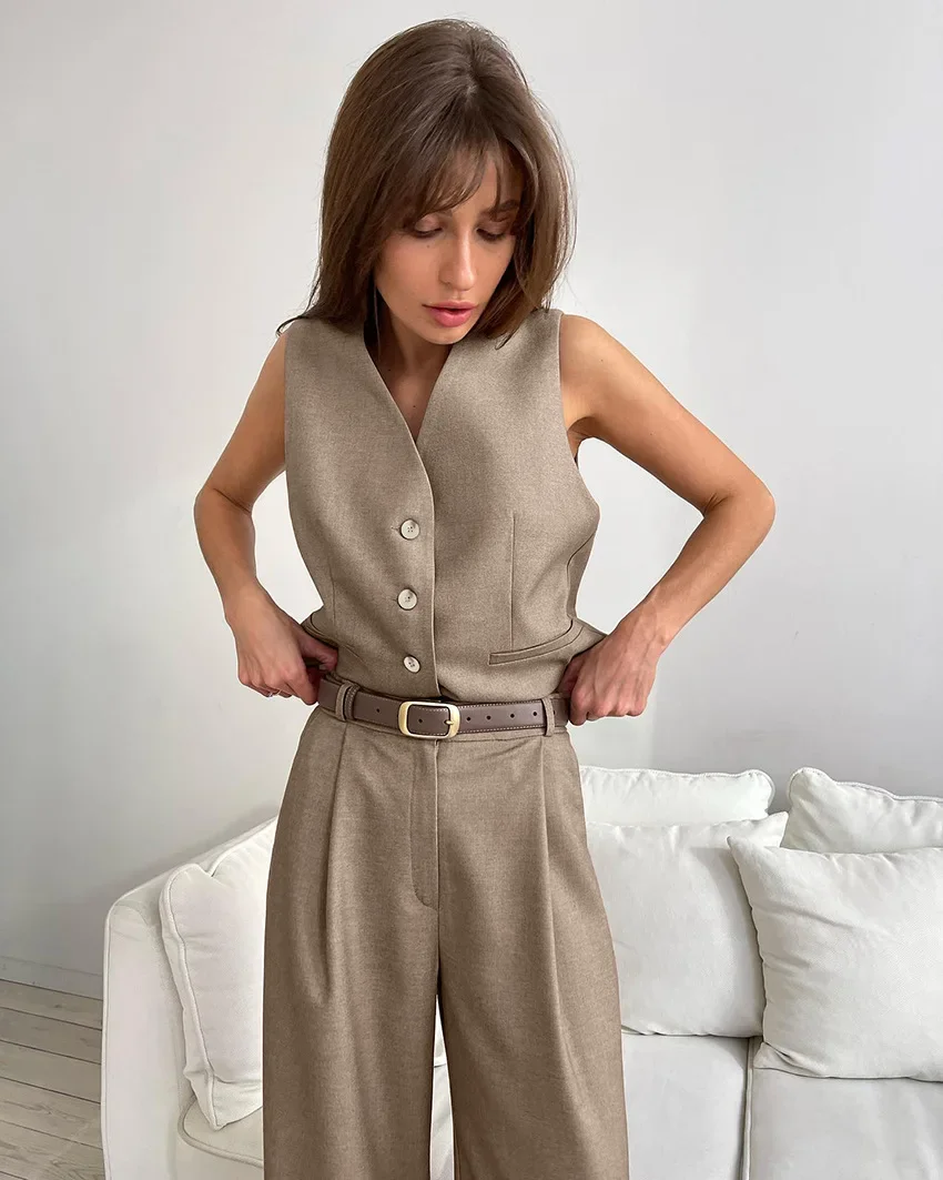 Women Pants Sets Two Pieces Set Sleeveless Vest Single Breasted Wide Leg Pants Cardigan Elegant Office Lady Pockets Solid Sashes