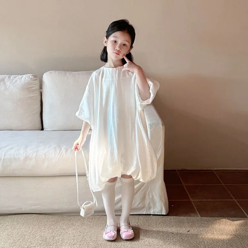 

Girls Dress 2025 Spring and Summer New Korean Fashion Solid Color Round Neck Flower Bud Dress Kids Clothes Girls