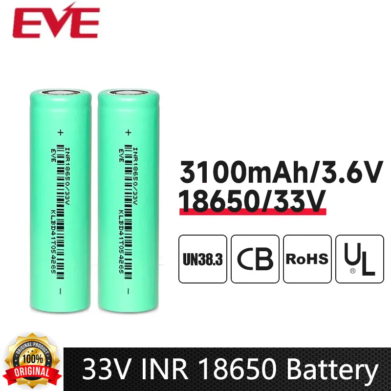 Original EVE 33V INR 18650 Battery 3100mAh Capacity 3.6V Rechargeable Lithium-ion Batteries For Battery Pack Robot Electric Tool