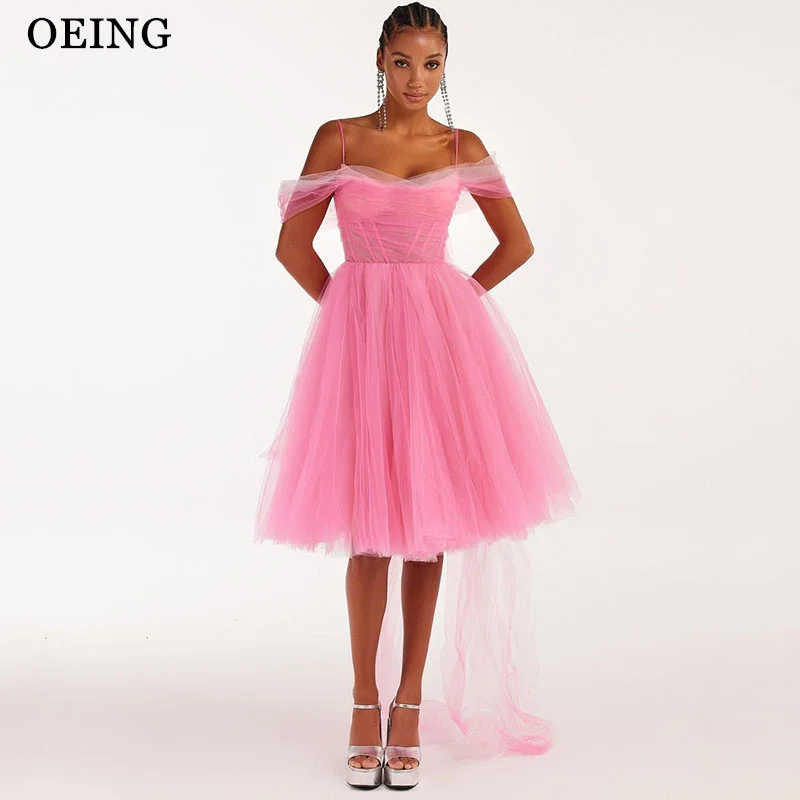 OEING Pink Bow A-Line Prom Dresses Elegant Off The Shoulder Party Gowns Knee-Length Soft Tulle Vestidos de noche