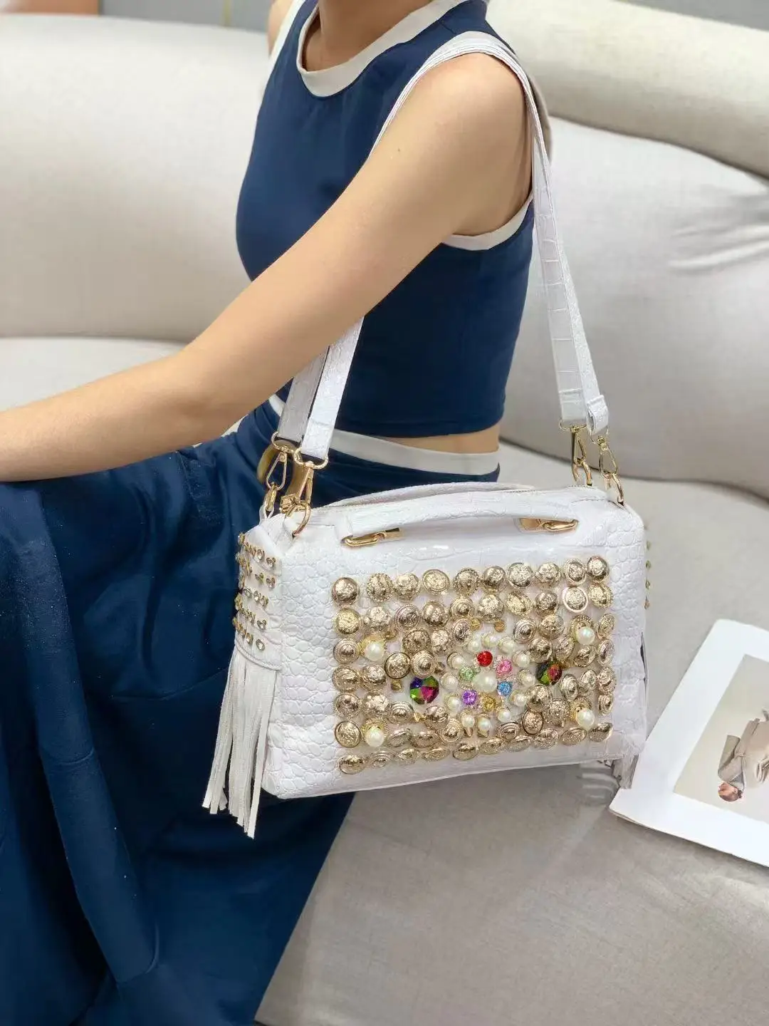

New High-Grade European and American Diamond Tassel Handbag Rhinestone Large Capacity Shoulder Messenger Bag