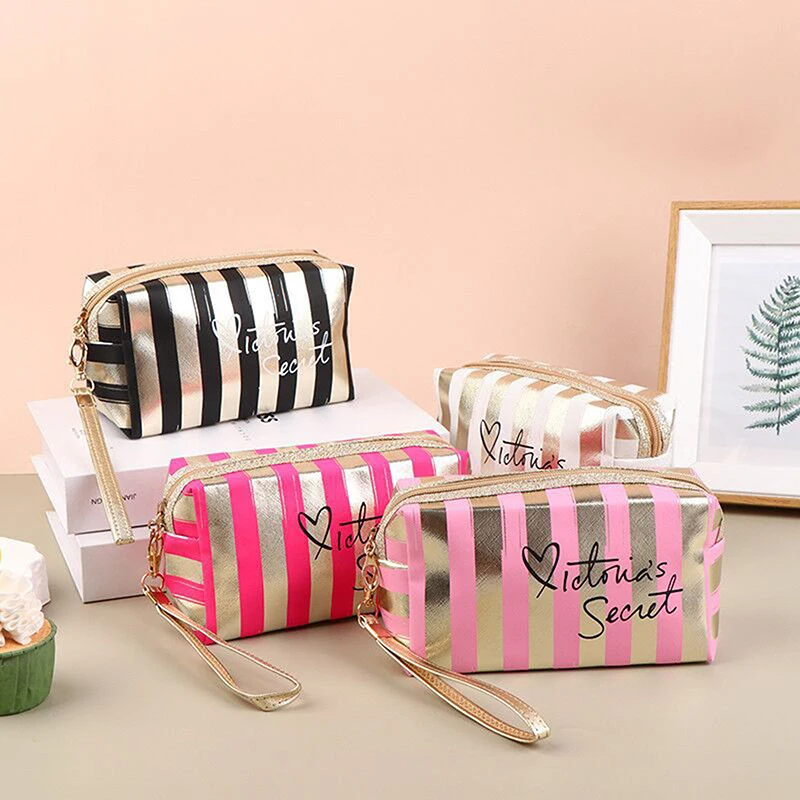 Stripe Cosmetic Bag Clutch Pouch PU Laser Storage Bag Women Handbag Portable Waterproof Toiletry Travel Organizer