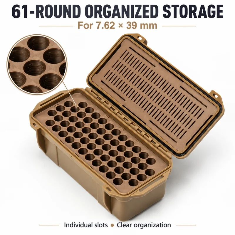 7.62x39 Ammo Storage Box 61-Round ABS Waterproof Hard Case with Individual Slots for Hunting Range Gear