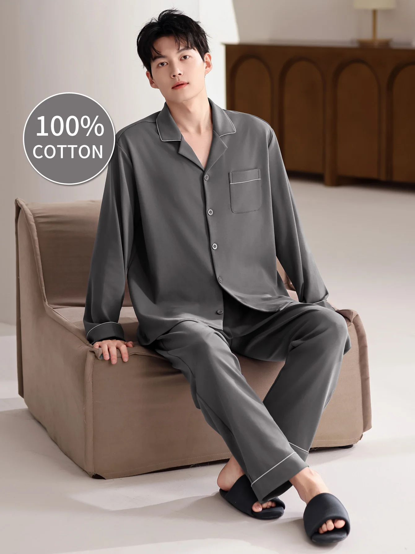 

Men's 100% cotton long sleeved four season plus size men's sleepwear, teenage pure cotton home suit set for warmth