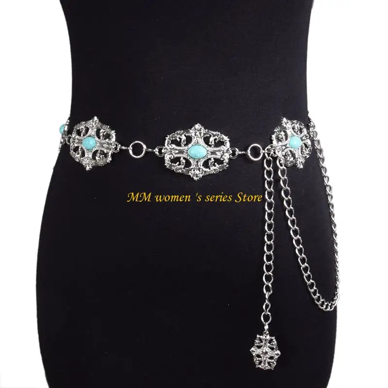 Q39C Ornate Metal Filigree Waist Belt Retro Charm Adjustable Length Unisex Body Jewelry Chain for Formal Event