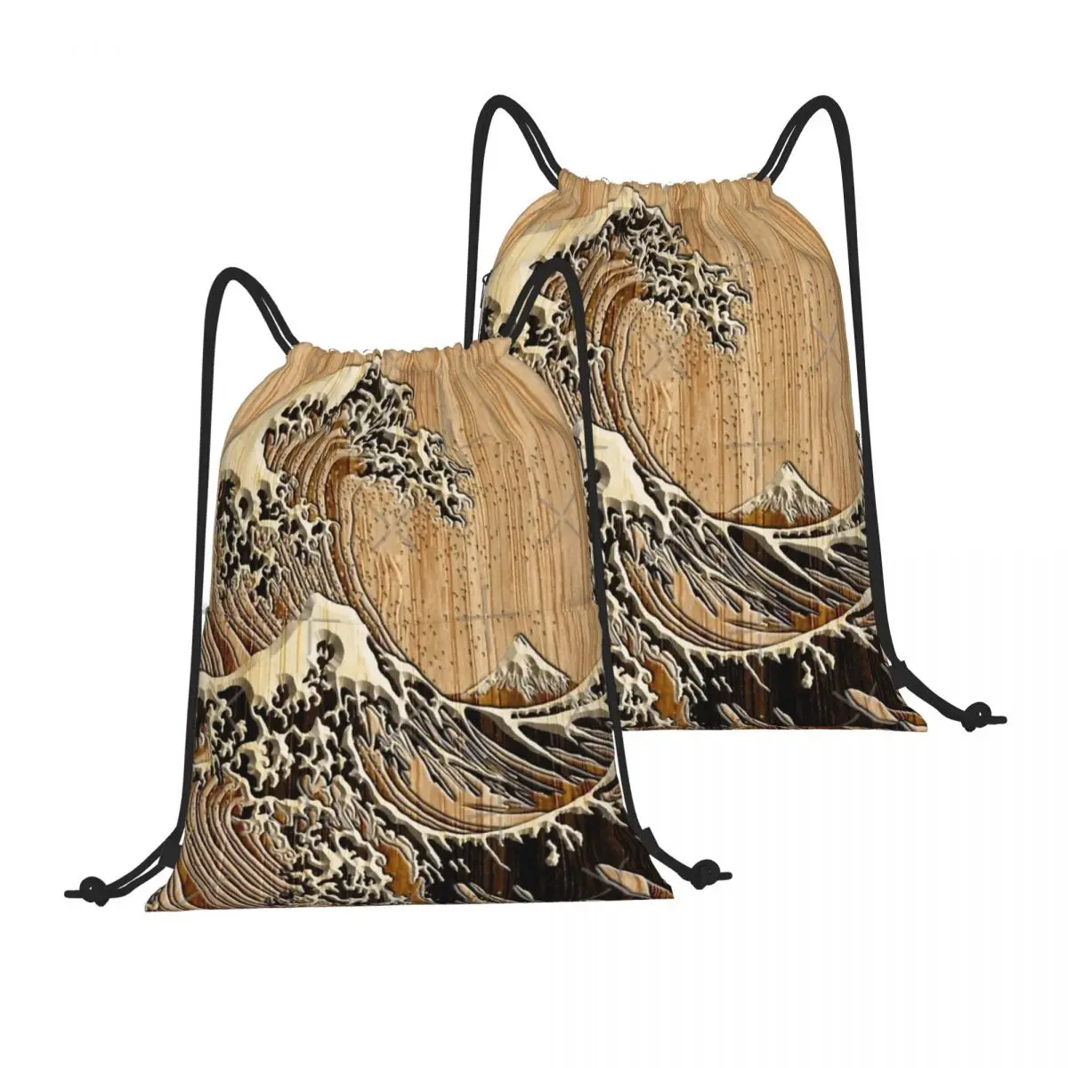 Drawstring Backpack The Great Hokusai Wave In Bamboo Shoulder Bag Zipper Pocket Sports & Travel Hikes Portables Bag