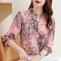 Black Fungus Collar Printed Shirt Women's Long Sleeved Shirt French Round Neck Versatile Temperament Top