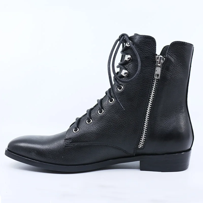 Soft Cow Leather Twin Zip Lace Up Square Toe Low Stacked Heel Women Ankle Boots