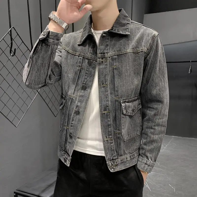 

Short Jeans Coat for Men Button Casual Denim Jackets Man Slim Gray in Lowest Price Cowboy Outwear on Board Menswear Big Size L G