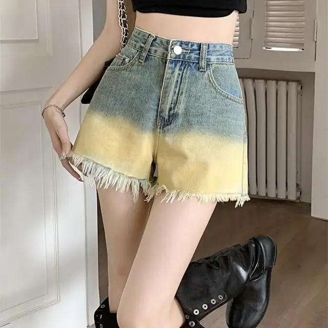 Denim Shorts Gradiënt Hoge Taille 2024 Nieuwe Zomer Slanke Hete Meid Veelzijdige A-Line Zomerkleding Hotpants Denim Shorts Ins