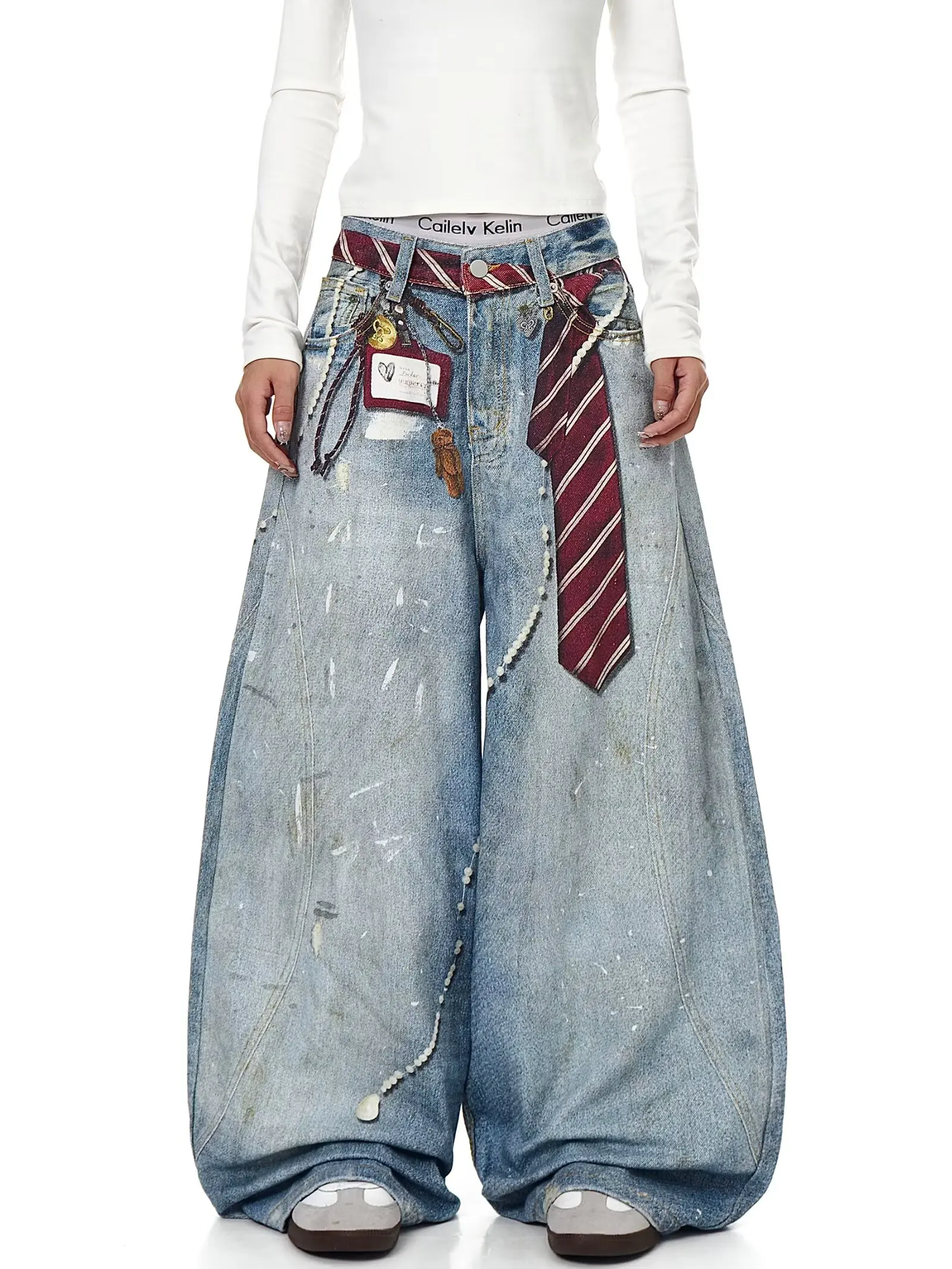 3D Printed American Retro Straight Leg Wide Leg Jeans Washed and Worn High Street Jeans for Women Loose Fitting Harajuku Fashion