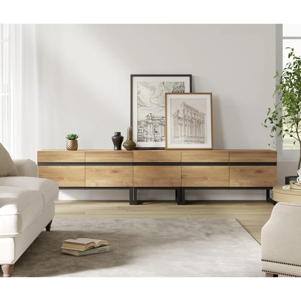 Wampat Modern TV Stand for 90 inch TVs, 3 in 1 Entertainment Center Console with Storage Cabinets and Metal Base, Living Room