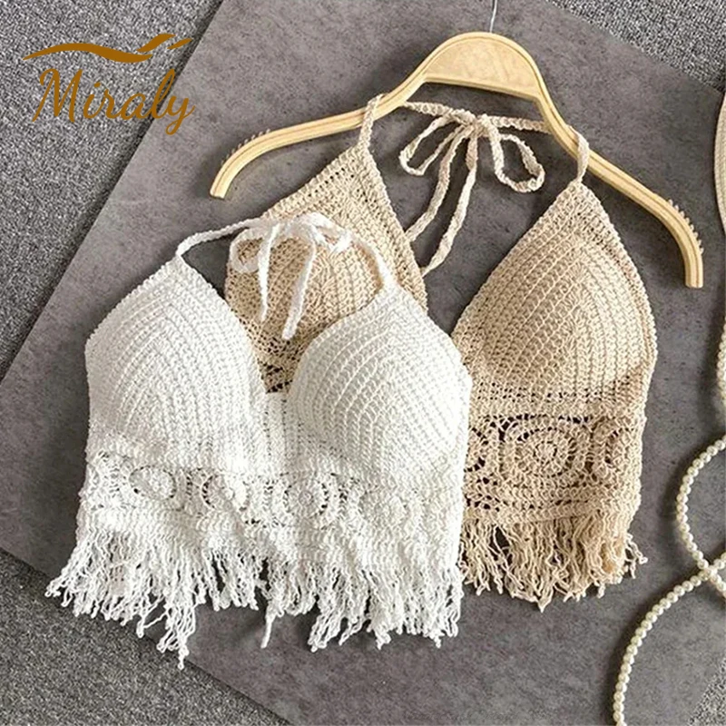 Summer Sexy Y2K Streetwear Women Knitted Boho Crop Tops Backless Hollow Out Crochet Tassels Hem Halter Bras Bustier Tank Top