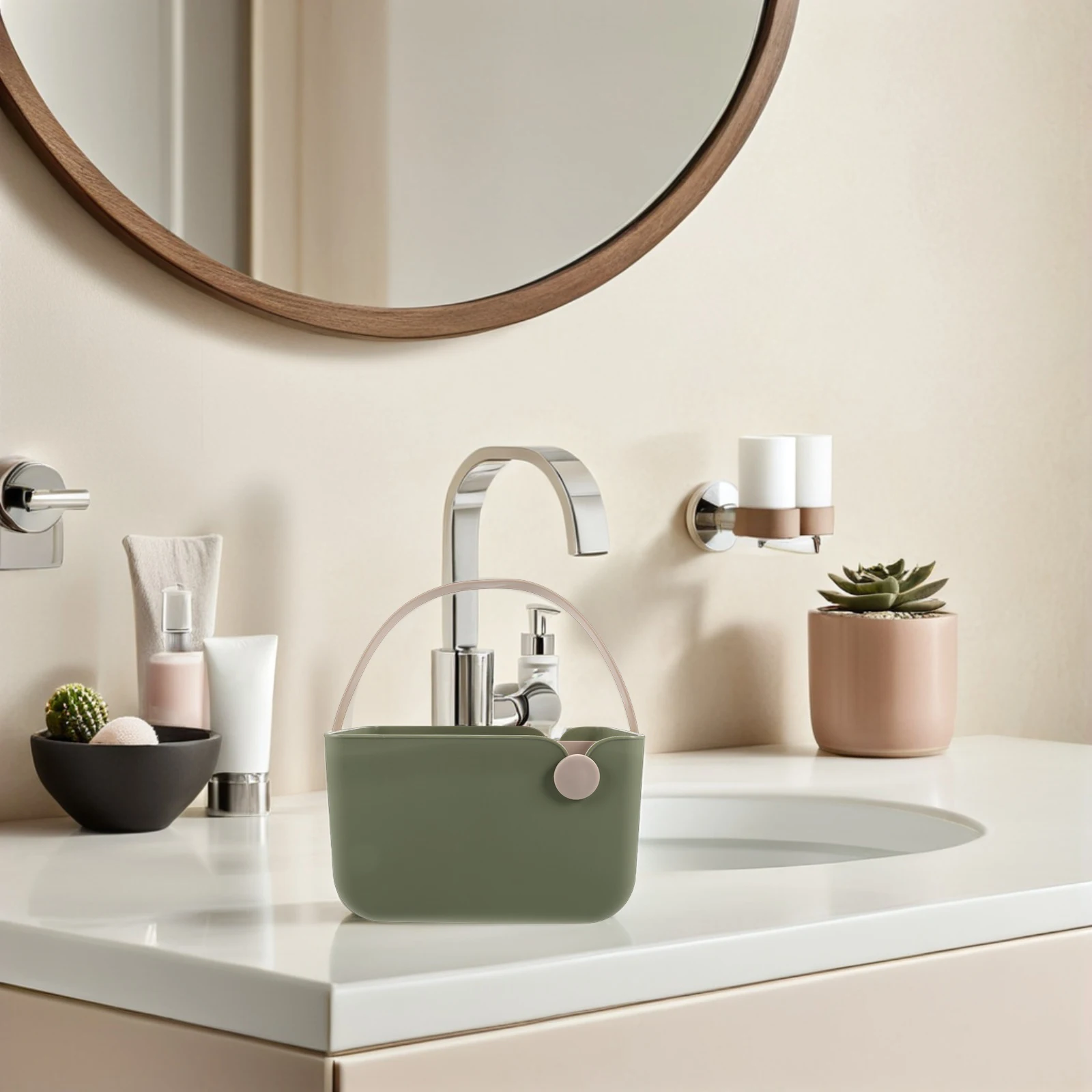 

Bathroom Storage Basket Handheld Shower Organizer Countertop Small Nordic Style Plastic Portable Handle Easy Clean Bath Storage
