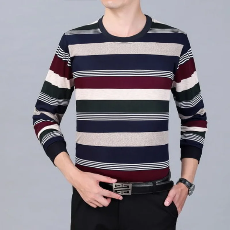 Korean Fashion Men Bottoming Striped T-shirt Spring Autumn New Male Clothes Round Neck Loose Casual Long Sleeve Pullover Tops