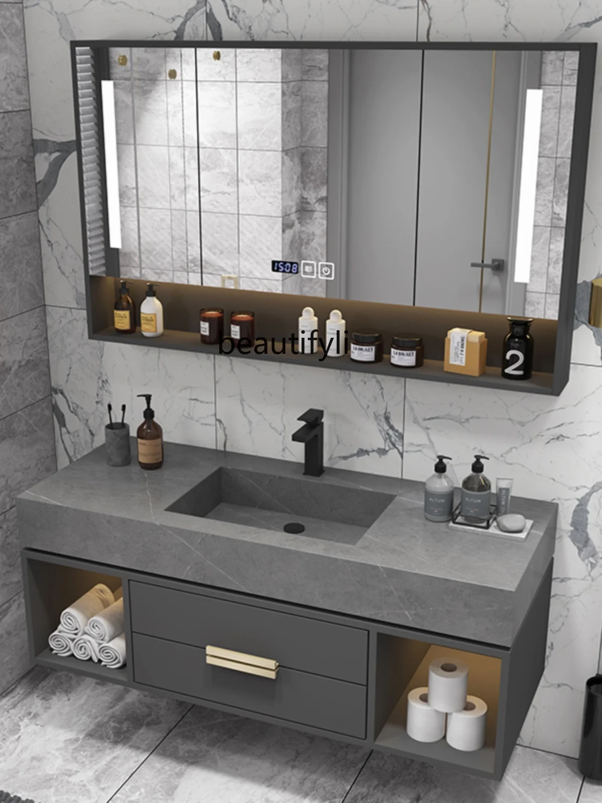 Stone Plate Whole Washbin Bathroom Cabinet Bathroom Washbasin Washstand Light Luxury Bathroom Cabinet Combination