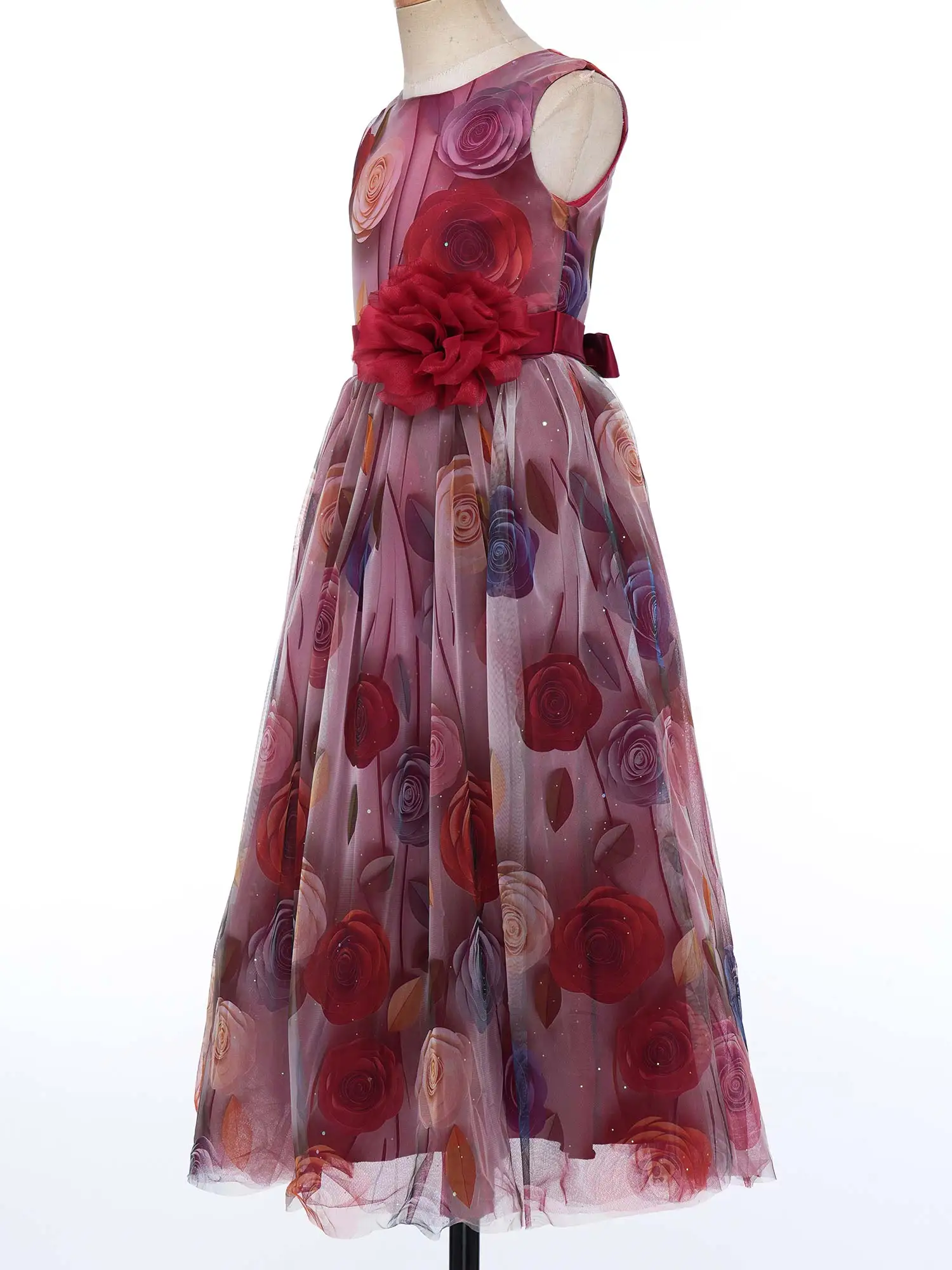 Vestido de Fiesta para Niñas, Elegante Vestido de Princesa para Bodas y Eventos, con Estampado Floral, Tul, Sin Mangas, Plisado, Corte en A + Cinturón