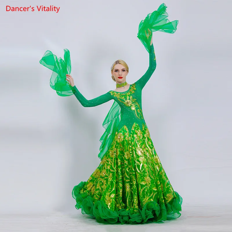 Ballroom Dance Dress 2019 New Luxury Sequins Embroidery Big Swing Dresses Women Latin Waltz Tango Dance Performance Costumes