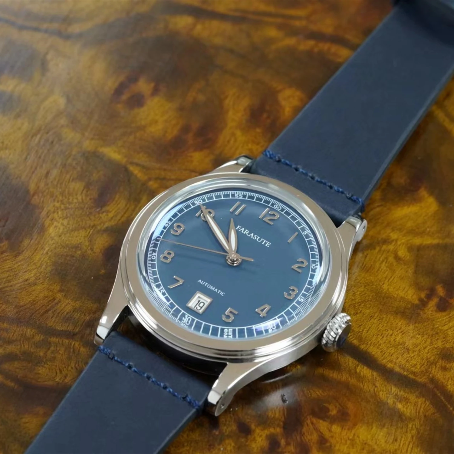 FARASUTE Men Automatic Watch 38mm Luxury Mens Watches Mechanical Wristwatch Arched Curved Mirror Leather Strap Date 821A Retro