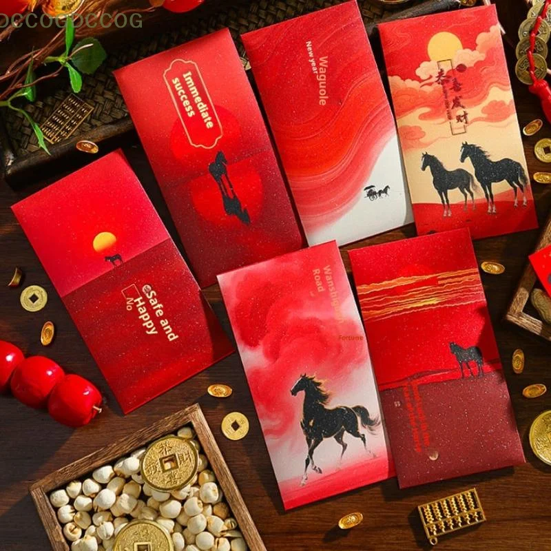 

Конверт счастливых денег на китайский Новый год 2026; Набор из 6 красных карманов на год лошади