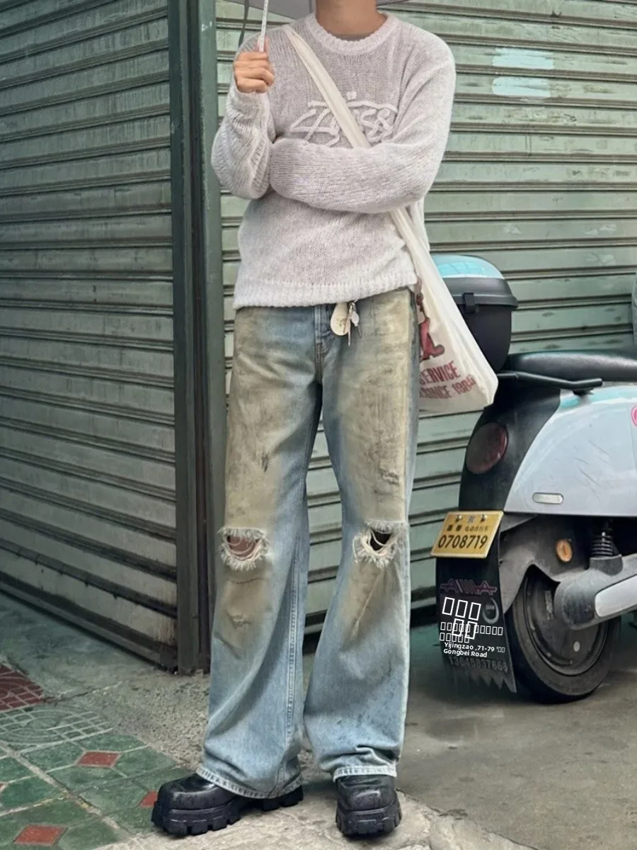 

Retro Washed Mud Dye Jeans Men Women Slim Fit Long Pants Trendy Bell Bottoms High Street Style Cotton Stretch Denim Youth Fas...