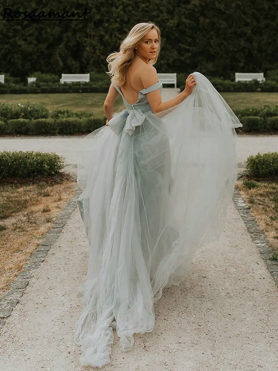 Smoke Blue Off The Shoulder A-Line Wedding Dresses Sleeveless Bow Boho Country Customized Bridal Gowns