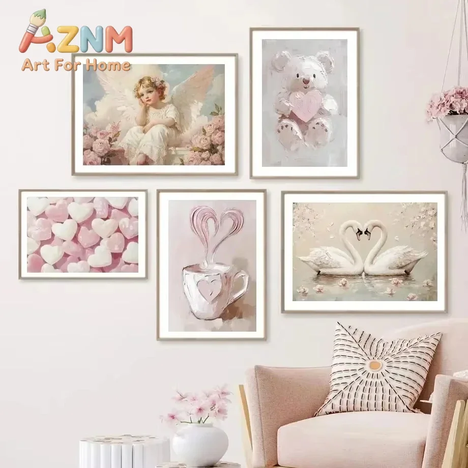 1pc Pink Girl Heart Retro Aesthetic Canvas Painting Little Bear Bow Love Butterfly Cupid Poster Home Room Decoration