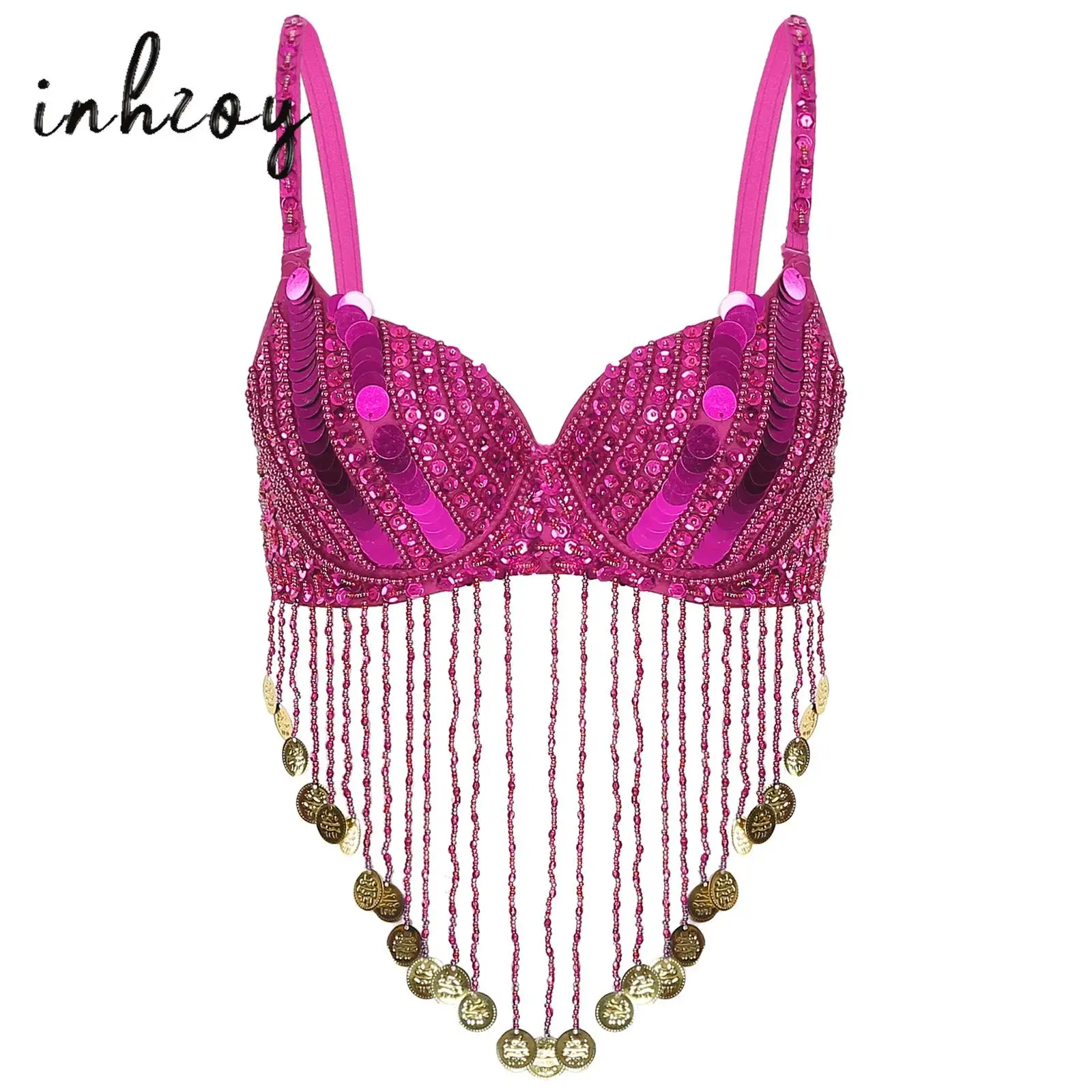 Sequin Tassels Bra Top Salsa Belly Dance Boho Festival Clubbing Tribal Bra BH Top Lady Shiny Sequins Beaded Bra Top Dancewear