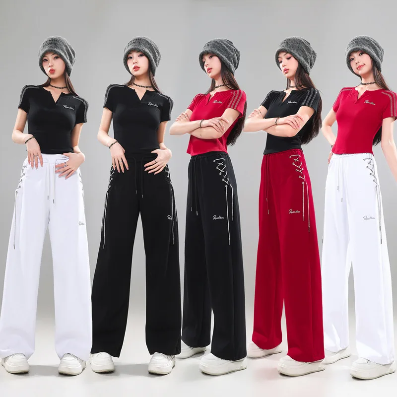 新しいスクエアダンスセット女性ルーズ半袖ワイドレッグパンツヒップホップダンスパンツフィットネススポーツパフォーマンススーツ