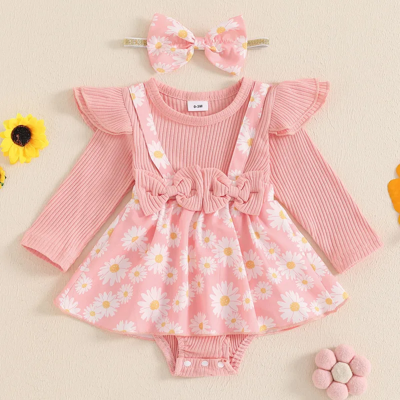 RUEWEY 0 to 18 Months Baby Girl Bodysuit Spring Autumn Clothes Long Sleeve O Neck Flower Jumpsuit with Headband Baby Clothing