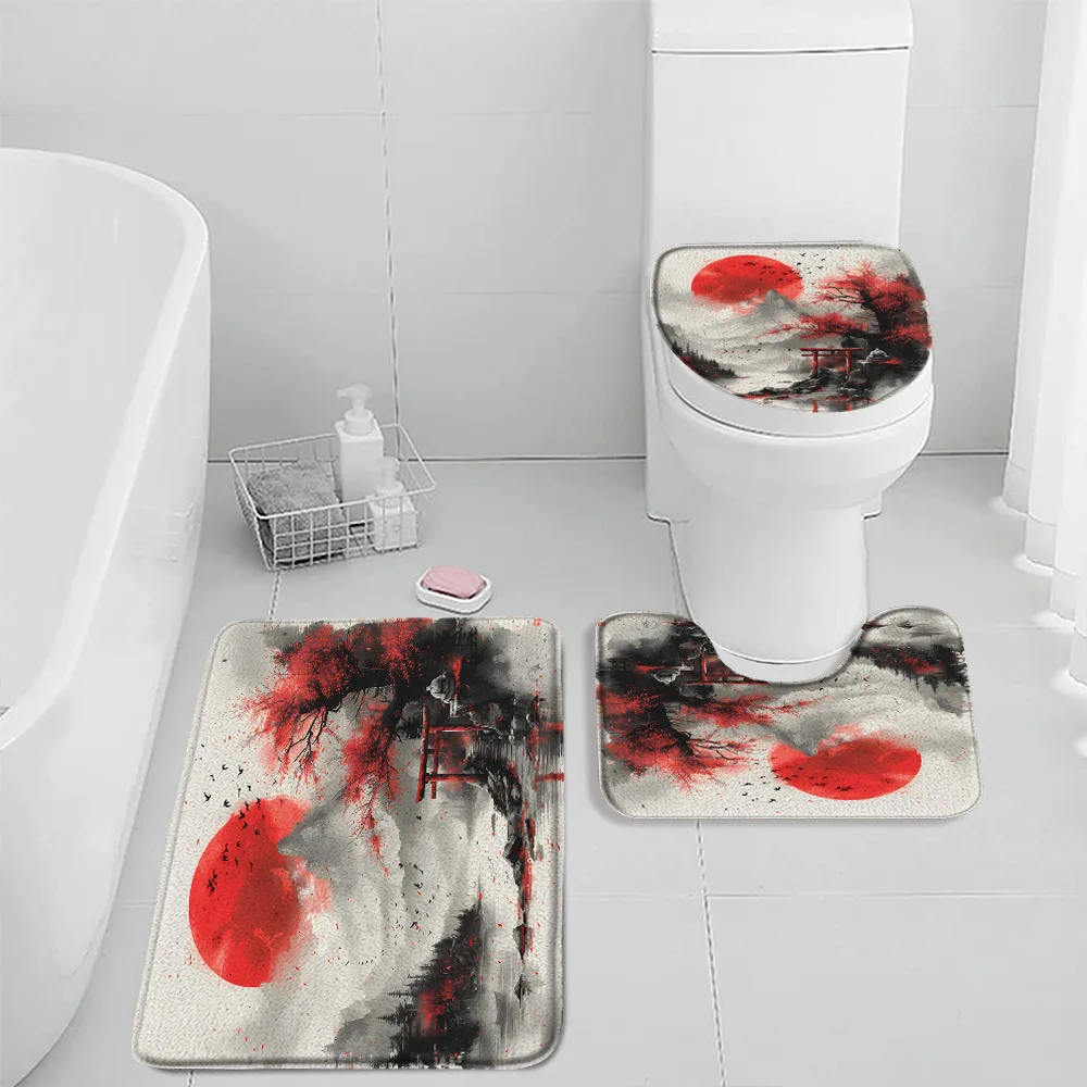 Ink Painting Japanese Bath Mat Set 3pcs Red Sun Japanese Shrine Geisha Asian Style Bath Decor Flannel Carpet Toilet Lid Cover