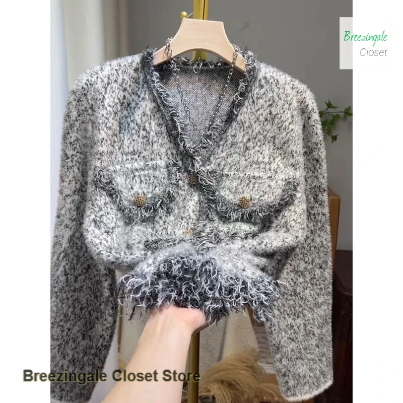 

French style temperament small fragrance short coat women's autumn and winter new fashion Joker mink cashmere cardigan top.