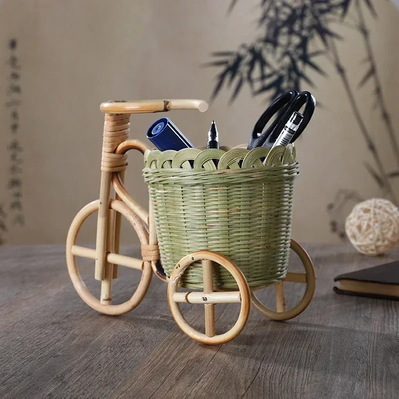 Creative Bamboo Handmade Crafts Tricycle Modeling Miniature Items Desktop Pen Container Exquisite Practical Storage Basket