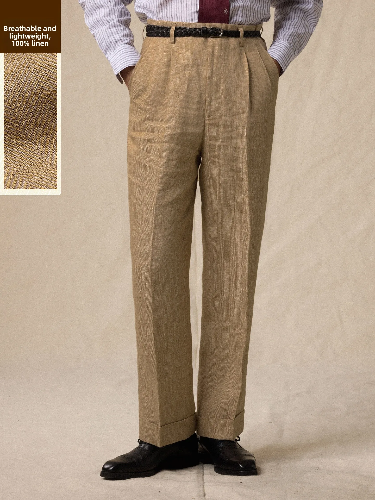 

Cultum Men's Business Casual Straight Leg Linen Trousers Spring Summer High Waist Professional Wash No Stretch Formal Wear