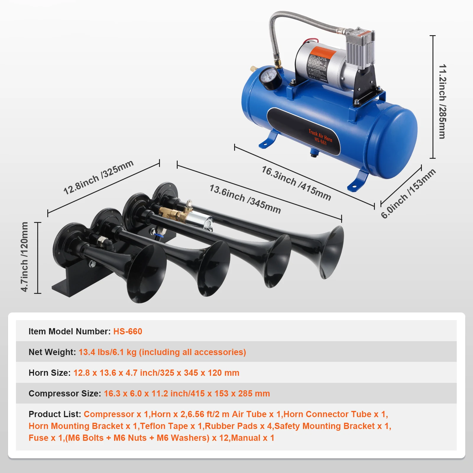 SucceBuy Treinhoorns Kit 4 trompetluchthoornkit 150dB treinhoorns 12V luchtcompressor met 3/6/10L tank, voor pick-ups trein